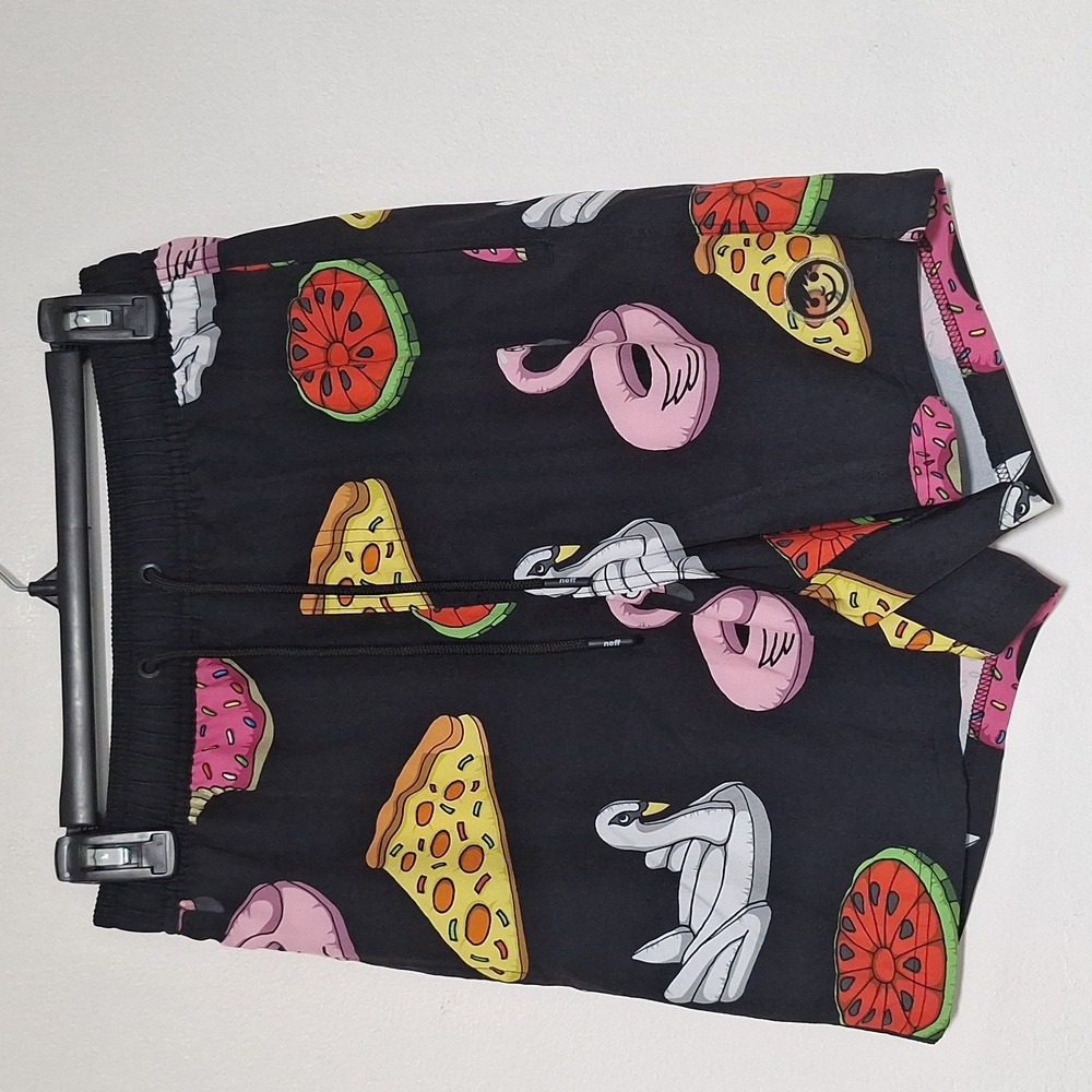 Neff Black Swim Board Shorts with Colorful Print Pizza Swan Flamingo